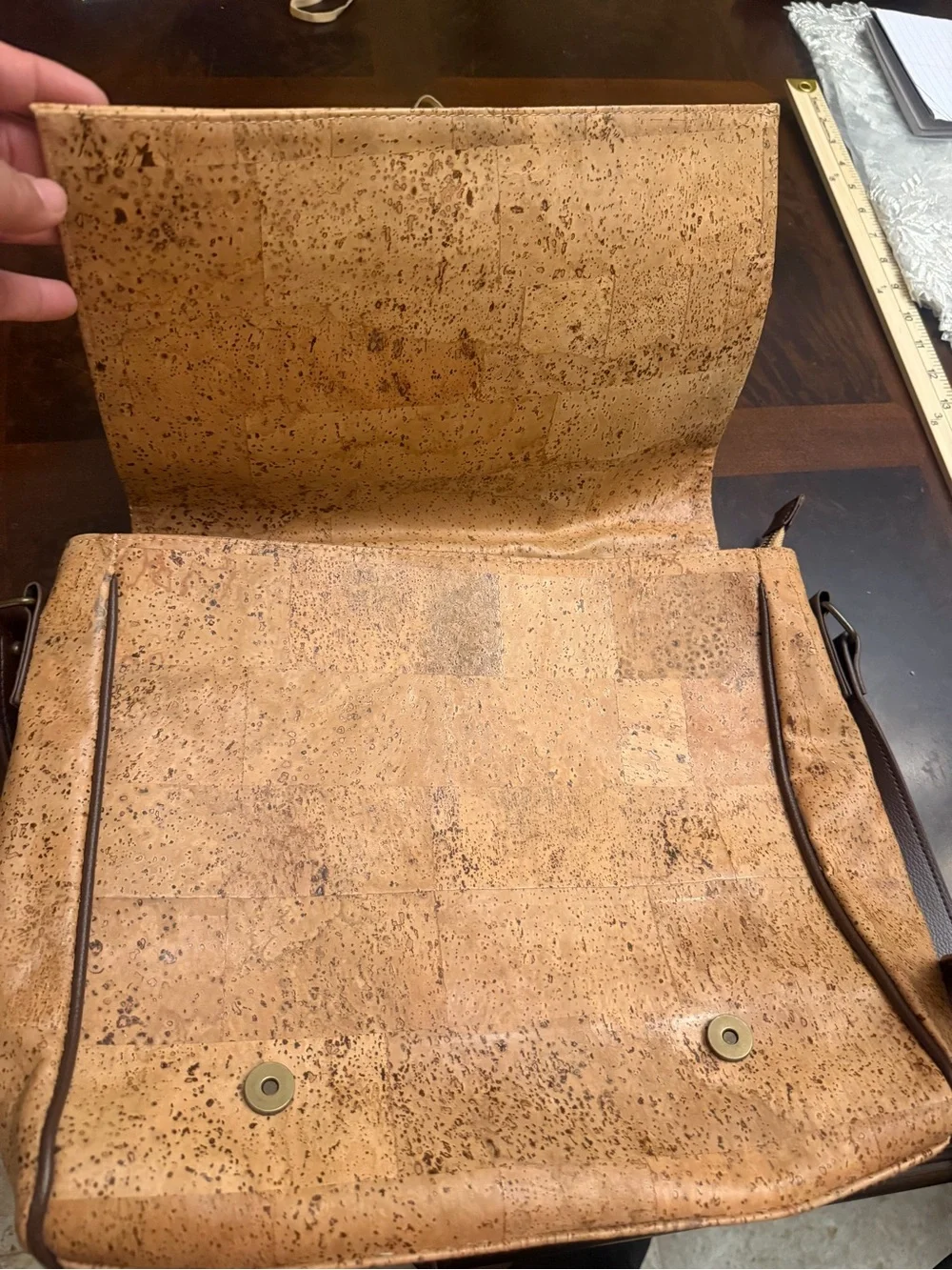 Tan Cork Messenger Bag with Brown Straps